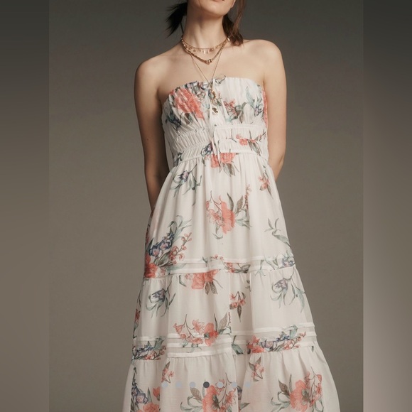 Anthropologie Dresses & Skirts - NWT Anthropologie Sommerset Chiffon White Floral Strapless Midi Dress Medium